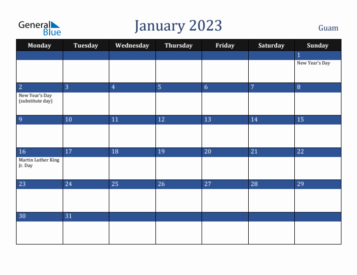 January 2023 Guam Calendar (Monday Start)