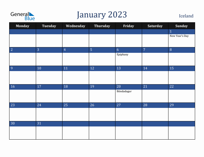 January 2023 Iceland Calendar (Monday Start)