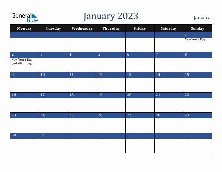 January 2023 Jamaica Calendar (Monday Start)