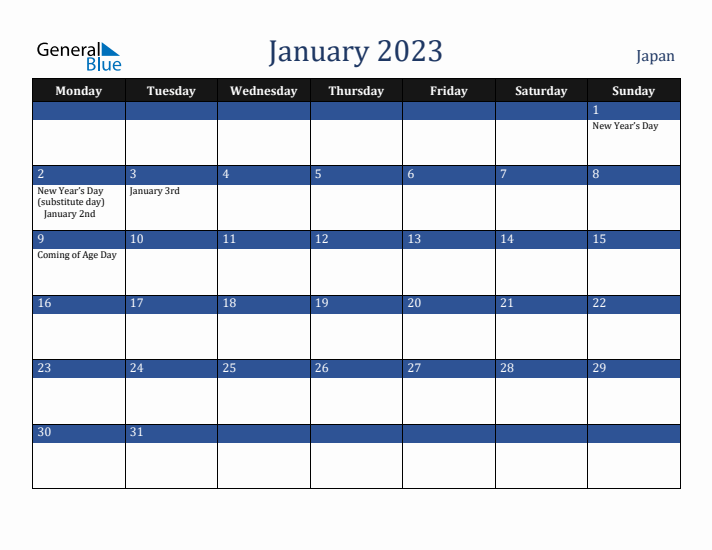 January 2023 Japan Calendar (Monday Start)