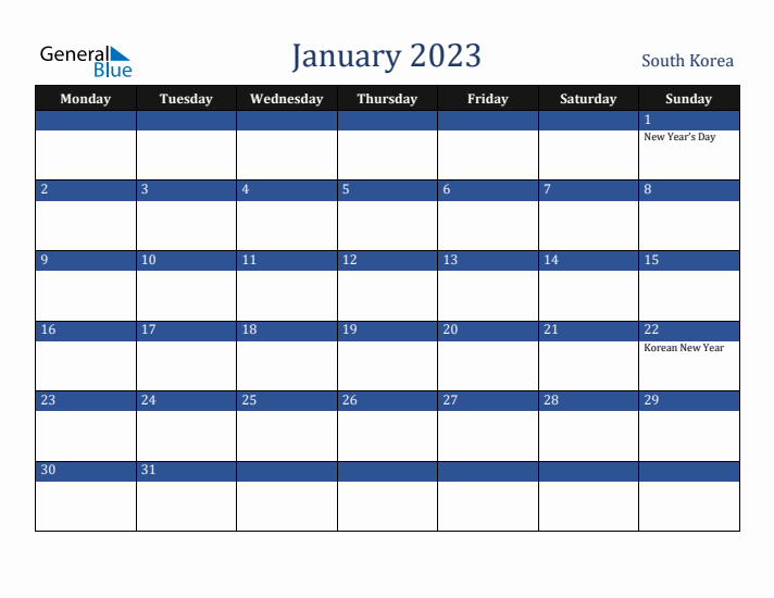 January 2023 South Korea Calendar (Monday Start)