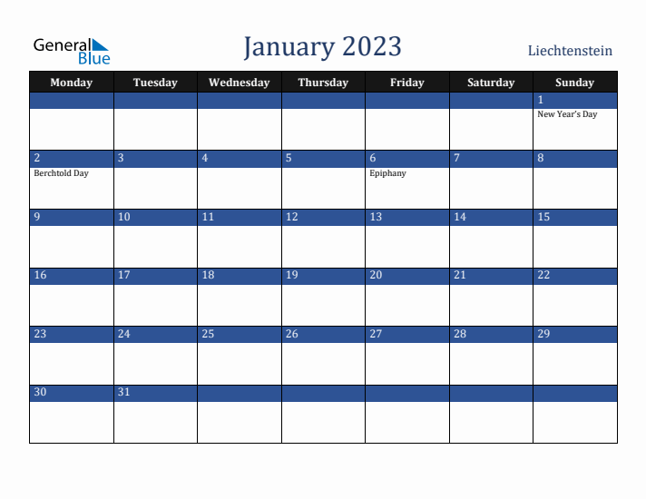 January 2023 Liechtenstein Calendar (Monday Start)