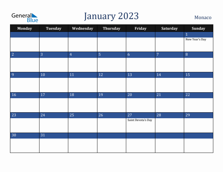 January 2023 Monaco Calendar (Monday Start)