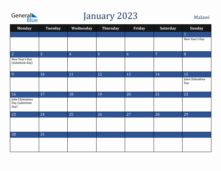 January 2023 Malawi Calendar (Monday Start)