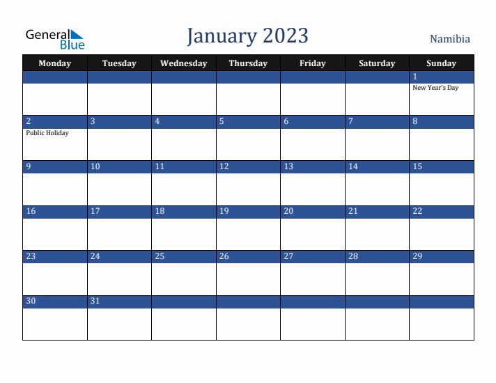 January 2023 Namibia Calendar (Monday Start)