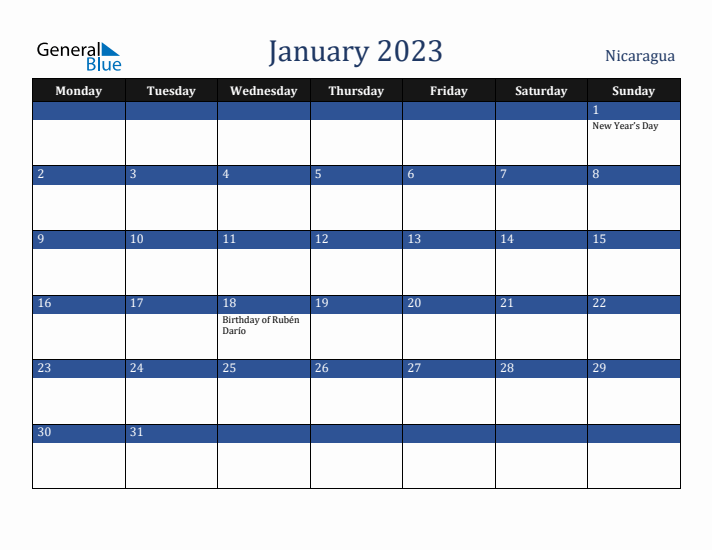 January 2023 Nicaragua Calendar (Monday Start)