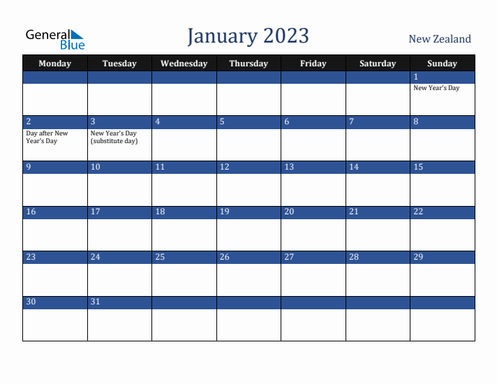 January 2023 New Zealand Calendar (Monday Start)