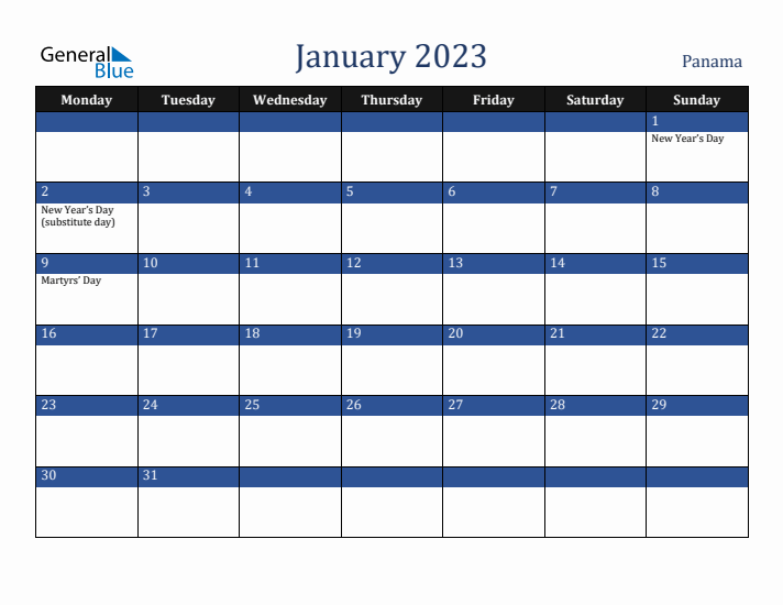 January 2023 Panama Calendar (Monday Start)