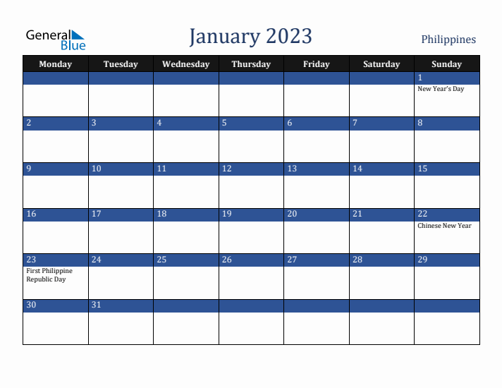January 2023 Philippines Calendar (Monday Start)