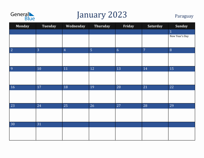 January 2023 Paraguay Calendar (Monday Start)