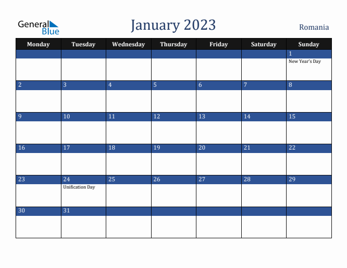 January 2023 Romania Calendar (Monday Start)