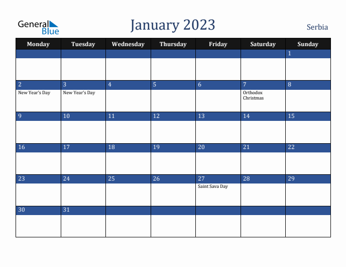 January 2023 Serbia Calendar (Monday Start)