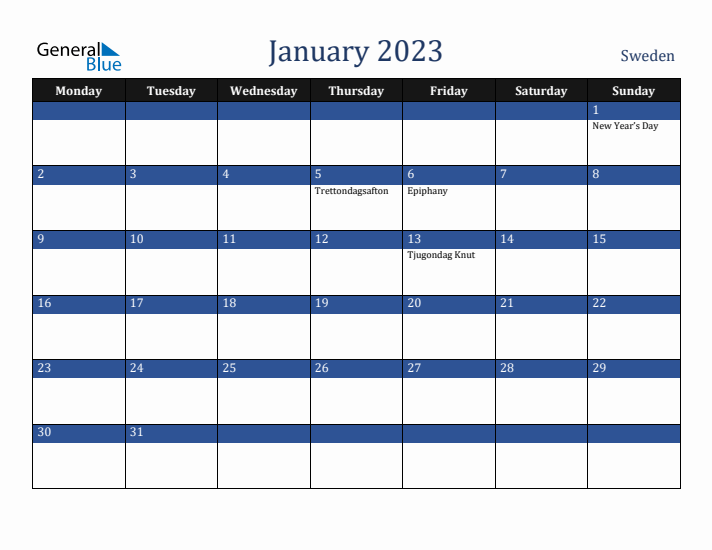 January 2023 Sweden Calendar (Monday Start)