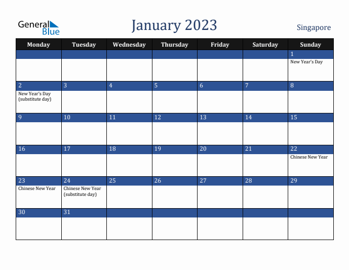 January 2023 Singapore Calendar (Monday Start)