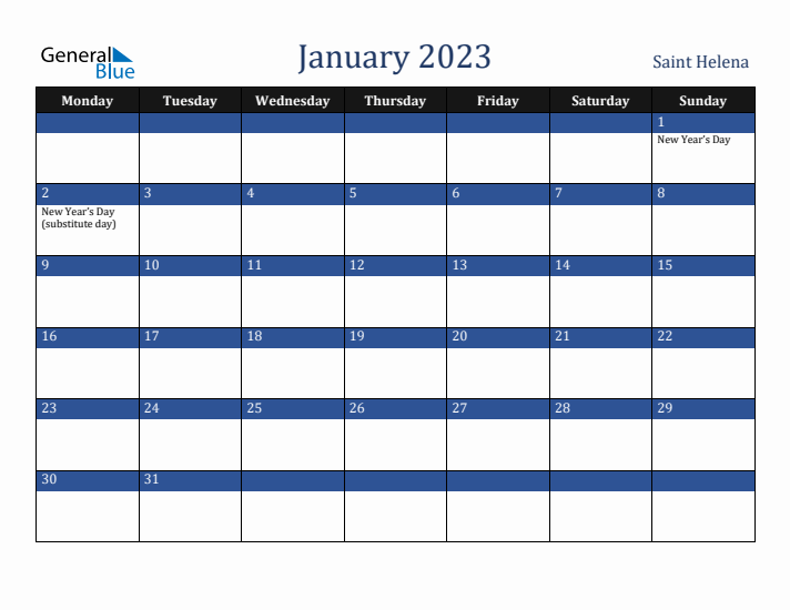 January 2023 Saint Helena Calendar (Monday Start)