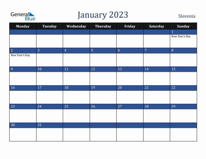January 2023 Slovenia Calendar (Monday Start)