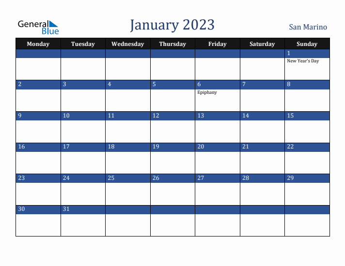 January 2023 San Marino Calendar (Monday Start)