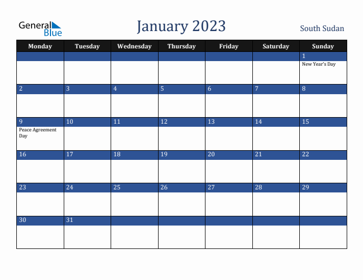 January 2023 South Sudan Calendar (Monday Start)