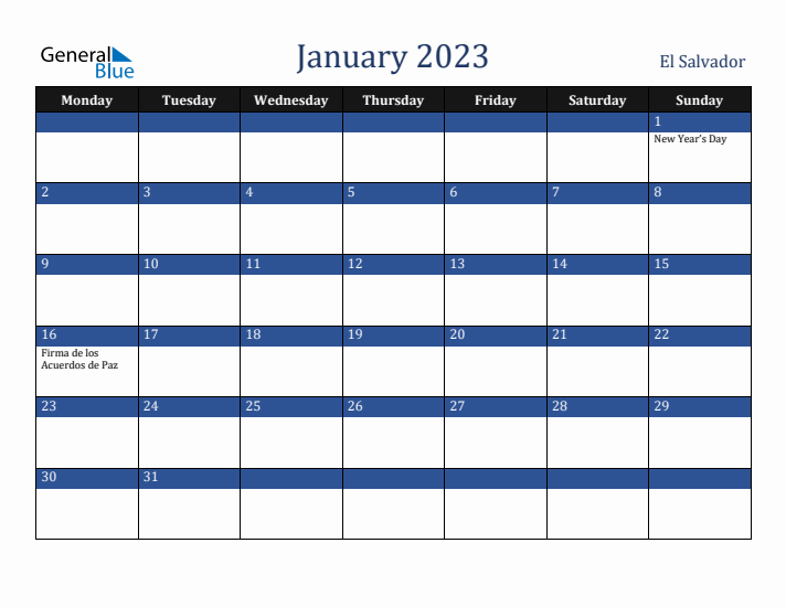 January 2023 El Salvador Calendar (Monday Start)