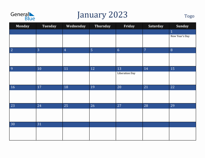 January 2023 Togo Calendar (Monday Start)
