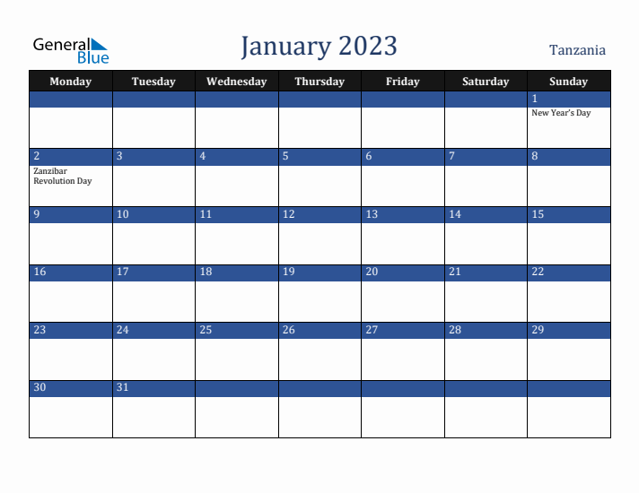 January 2023 Tanzania Calendar (Monday Start)
