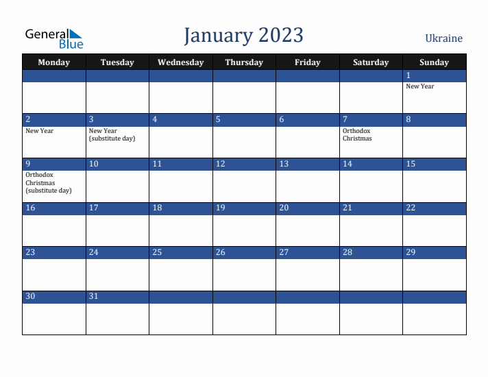 January 2023 Ukraine Calendar (Monday Start)