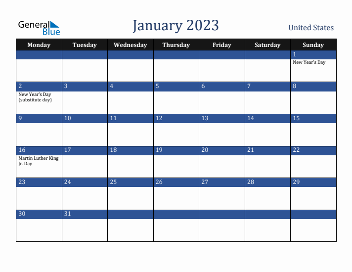 January 2023 United States Calendar (Monday Start)