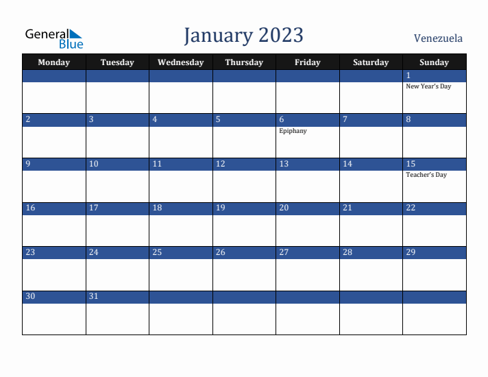January 2023 Venezuela Calendar (Monday Start)