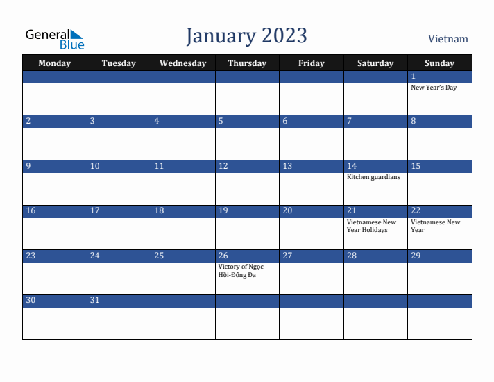January 2023 Vietnam Calendar (Monday Start)