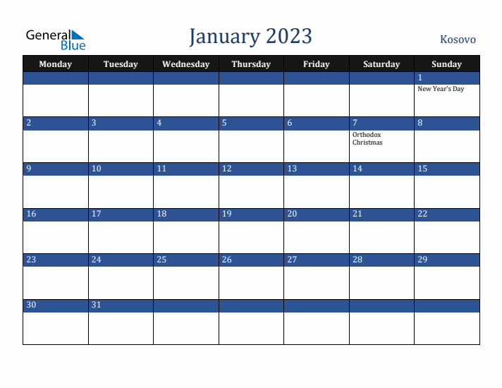 January 2023 Kosovo Calendar (Monday Start)