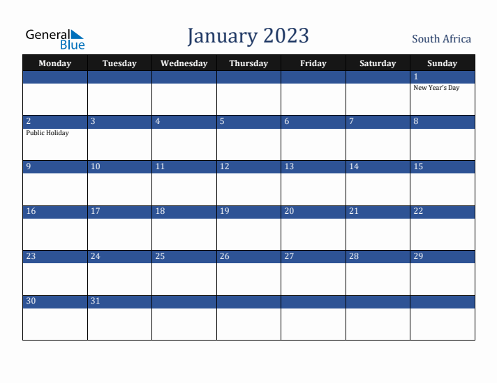 January 2023 South Africa Calendar (Monday Start)