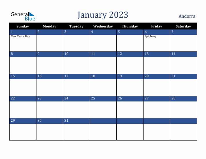 January 2023 Andorra Calendar (Sunday Start)