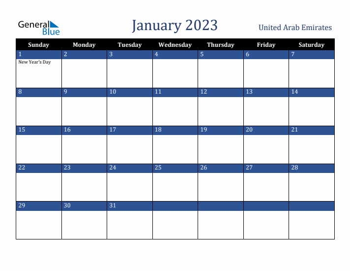 January 2023 United Arab Emirates Calendar (Sunday Start)