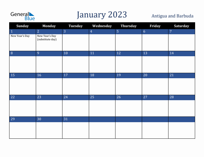January 2023 Antigua and Barbuda Calendar (Sunday Start)