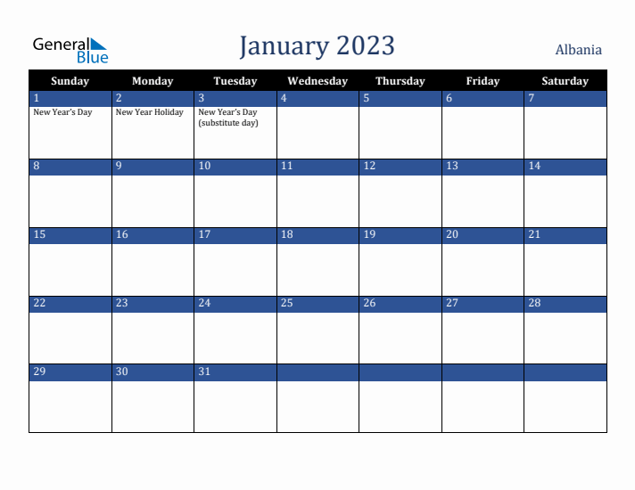January 2023 Albania Calendar (Sunday Start)