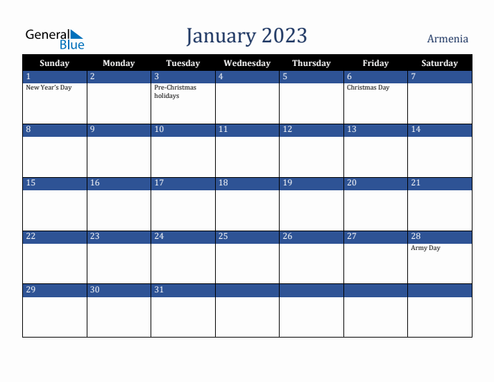 January 2023 Armenia Calendar (Sunday Start)