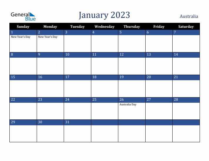 January 2023 Australia Calendar (Sunday Start)