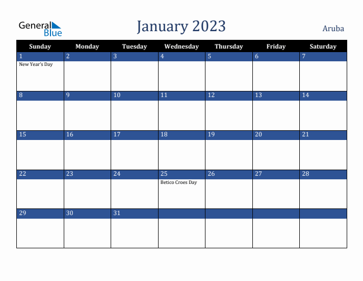 January 2023 Aruba Calendar (Sunday Start)