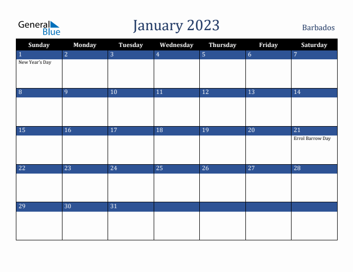January 2023 Barbados Calendar (Sunday Start)