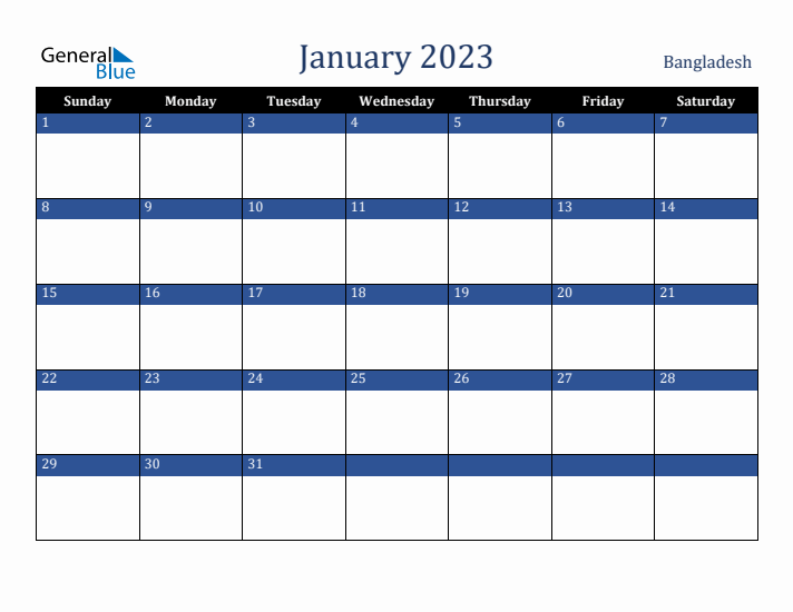January 2023 Bangladesh Calendar (Sunday Start)