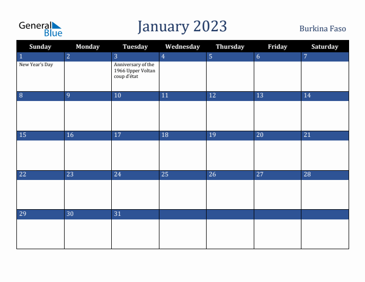 January 2023 Burkina Faso Calendar (Sunday Start)