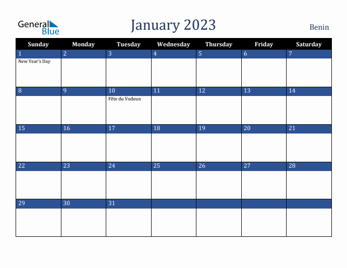 January 2023 Benin Calendar (Sunday Start)