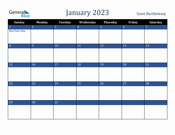 January 2023 Saint Barthelemy Calendar (Sunday Start)