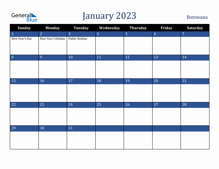 January 2023 Botswana Calendar (Sunday Start)