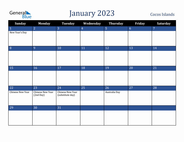 January 2023 Cocos Islands Calendar (Sunday Start)