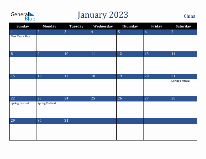 January 2023 China Calendar (Sunday Start)