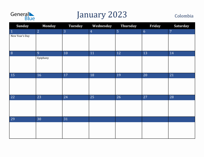 January 2023 Colombia Calendar (Sunday Start)