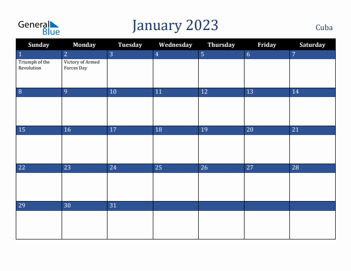 January 2023 Cuba Calendar (Sunday Start)
