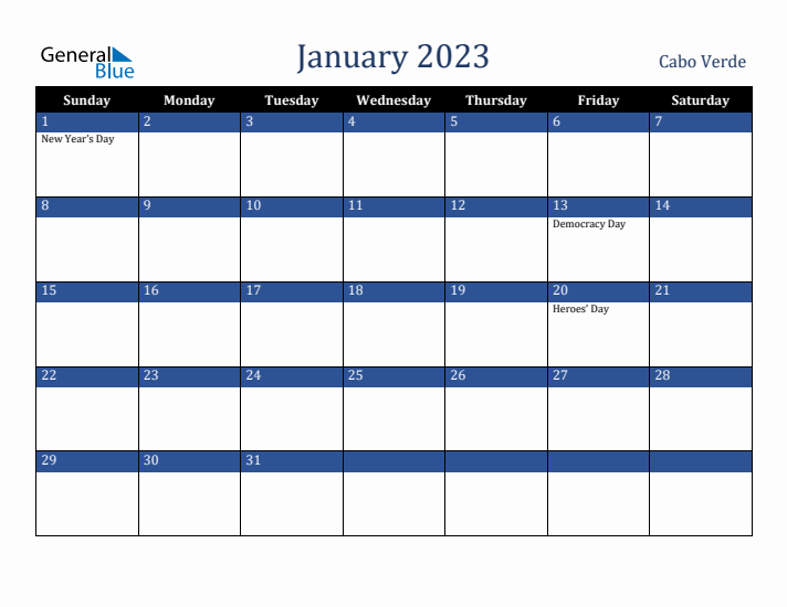 January 2023 Cabo Verde Calendar (Sunday Start)