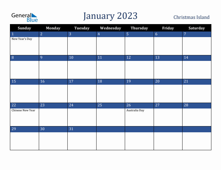 January 2023 Christmas Island Calendar (Sunday Start)